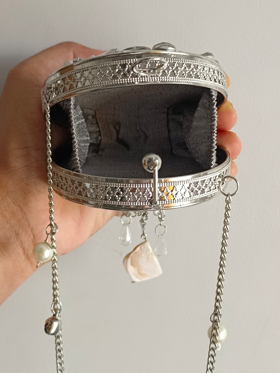 Silver Round Evening Bag with Chain Strap