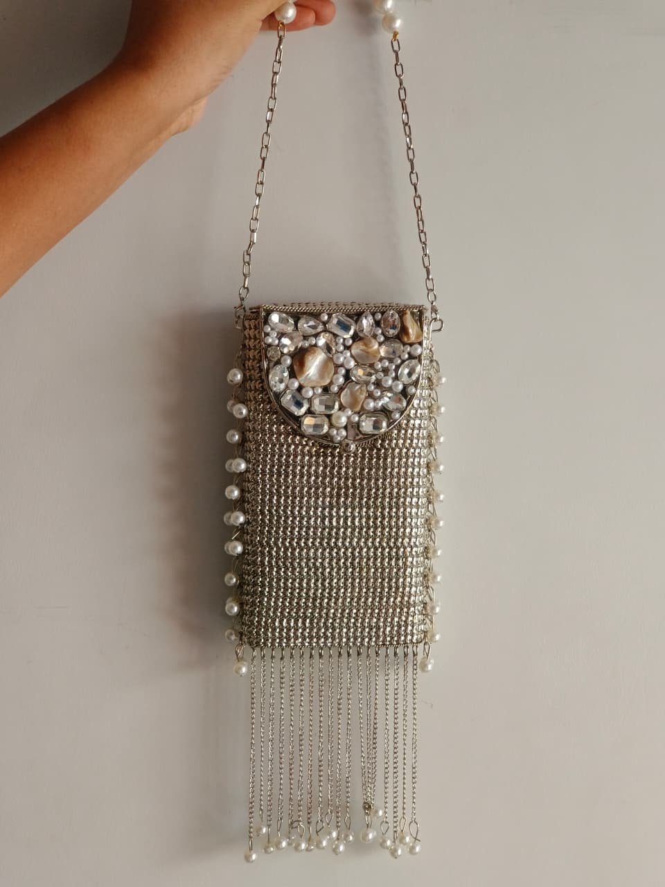 Luxury Silver Pearl Stone Clutch Bag for Women | Party & Wedding Sling Purse