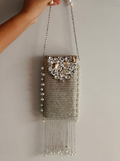 Luxury Silver Pearl Stone Clutch Bag for Women | Party & Wedding Sling Purse