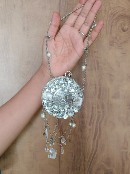 Silver Round Evening Bag with Chain Strap