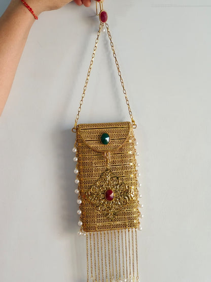 Luxury Gold Stone Pearl Clutch Bag for Women | Designer Wedding Party Sling Purse