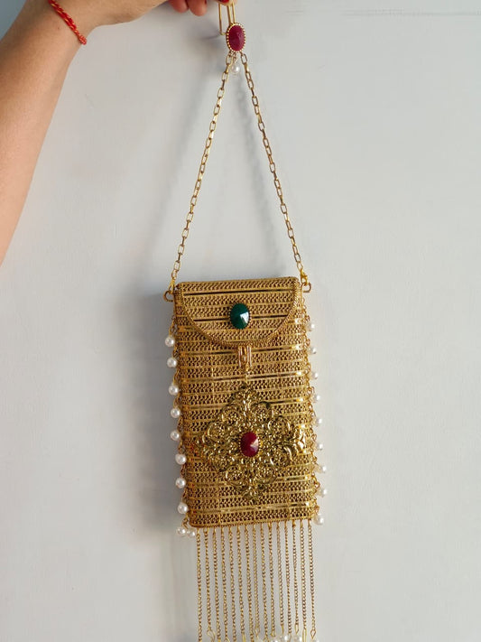 Luxury Gold Stone Pearl Clutch Bag for Women | Designer Wedding Party Sling Purse