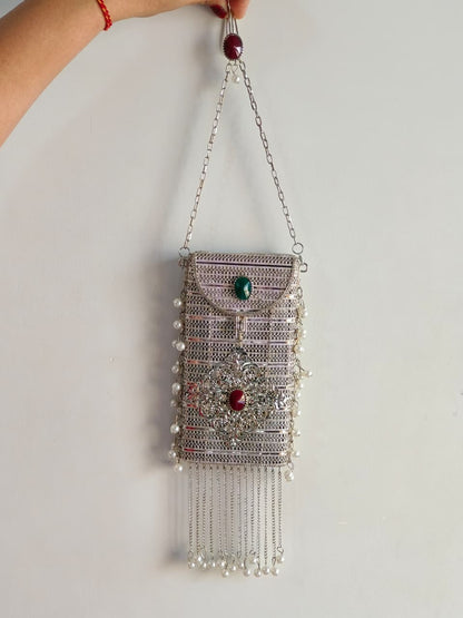 Luxury Silver Stone Pearl Clutch Bag for Women | Designer Wedding Party Sling Purse