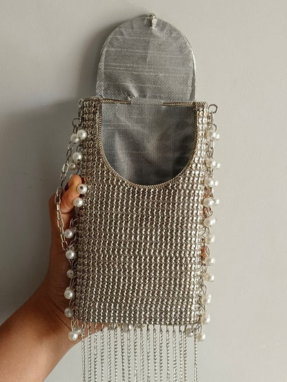 Luxury Silver Pearl Stone Clutch Bag for Women | Party & Wedding Sling Purse