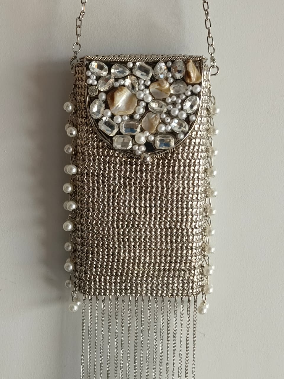 Luxury Silver Pearl Stone Clutch Bag for Women | Party & Wedding Sling Purse