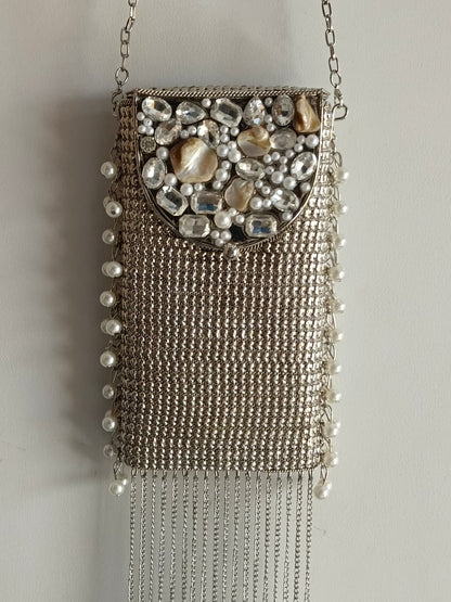 Luxury Silver Pearl Stone Clutch Bag for Women | Party & Wedding Sling Purse