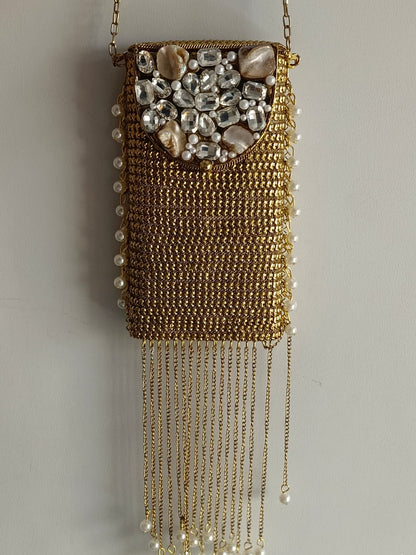 Luxury Gold Pearl Stone Clutch Bag for Women | Party & Wedding Sling Purse