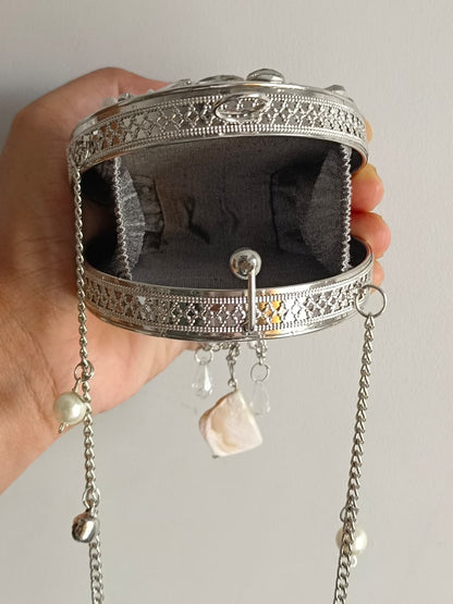 Silver Round Evening Bag with Chain Strap