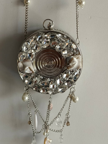 Silver Round Evening Bag with Chain Strap