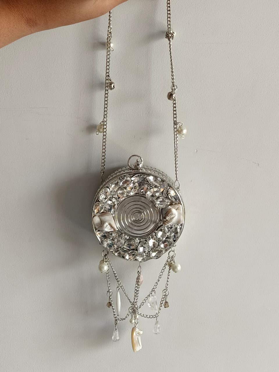 Silver Round Evening Bag with Chain Strap