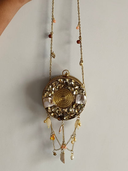 Golden Round Evening Bag with Chain Strap