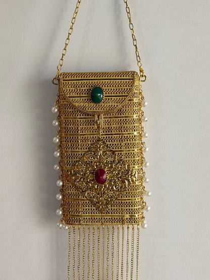 Luxury Gold Stone Pearl Clutch Bag for Women | Designer Wedding Party Sling Purse