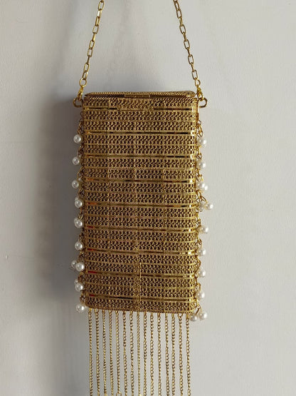 Luxury Gold Stone Pearl Clutch Bag for Women | Designer Wedding Party Sling Purse