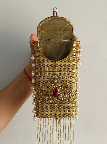 Luxury Gold Stone Pearl Clutch Bag for Women | Designer Wedding Party Sling Purse