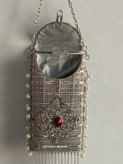 Luxury Silver Stone Pearl Clutch Bag for Women | Designer Wedding Party Sling Purse