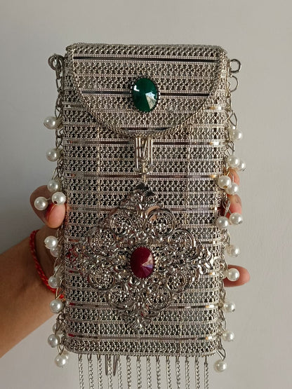 Luxury Silver Stone Pearl Clutch Bag for Women | Designer Wedding Party Sling Purse