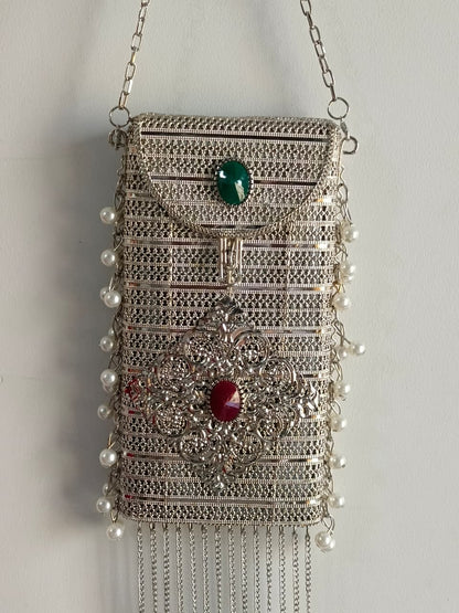 Luxury Silver Stone Pearl Clutch Bag for Women | Designer Wedding Party Sling Purse