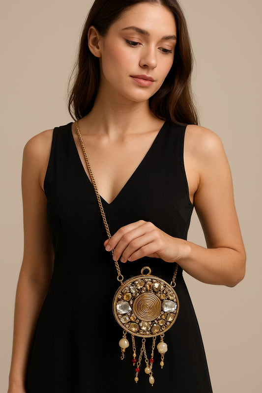 Golden Round Evening Bag with Chain Strap