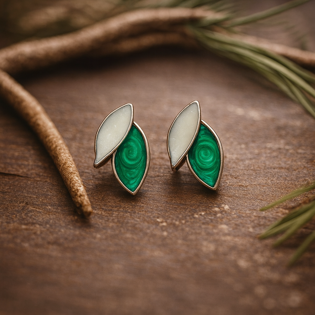 Green & Ivory Leaf Stud Earrings